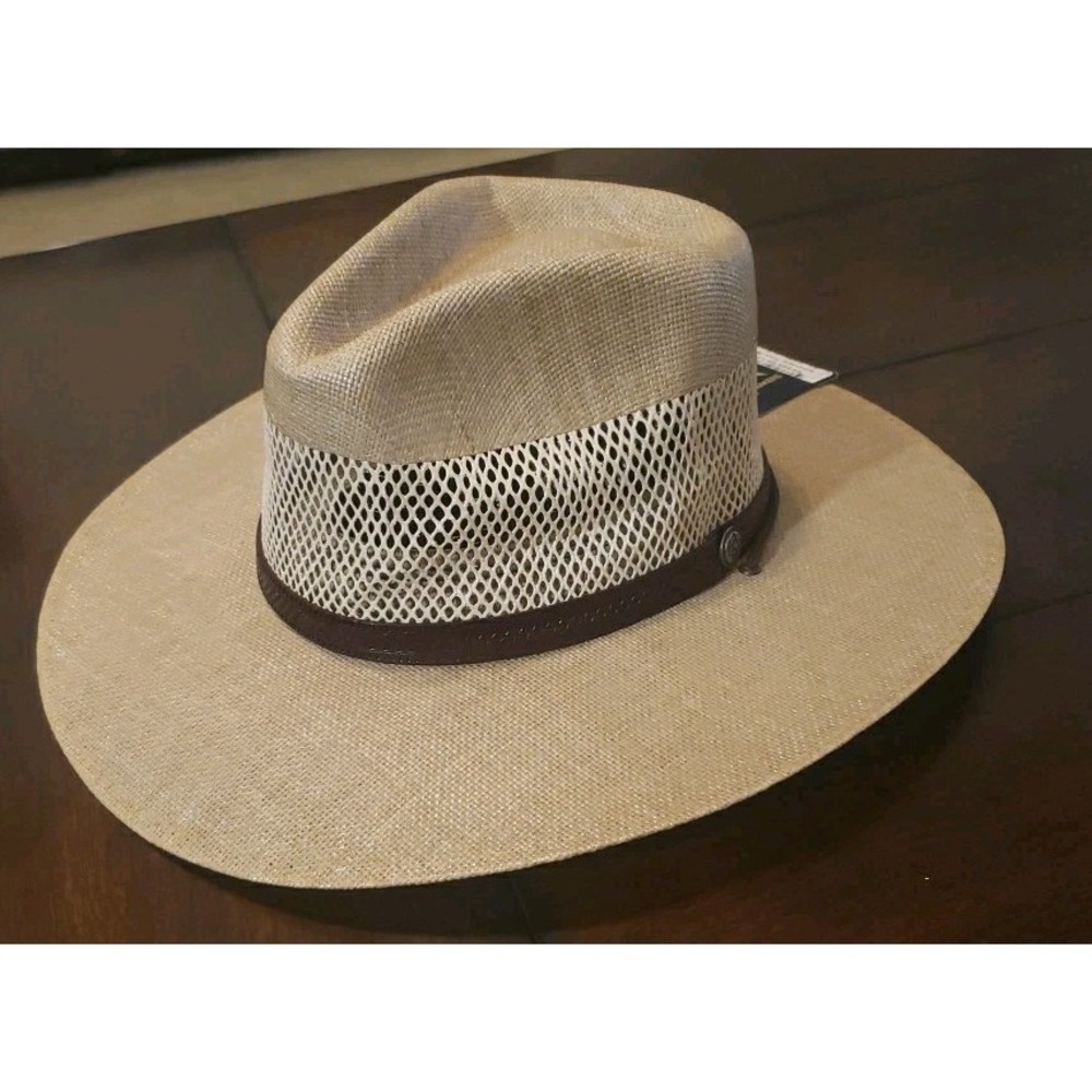 American Hat Makers Florence Wide Brim Straw Sun Hat Medium Adjustable Strap Tan